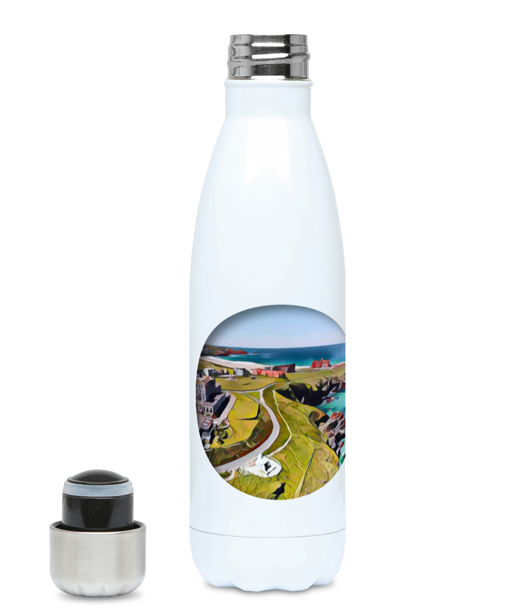 500ml water bottle in white with a circular image showing the Atlantic Hotel and the Huers Hut in Newquay, Cornwall.