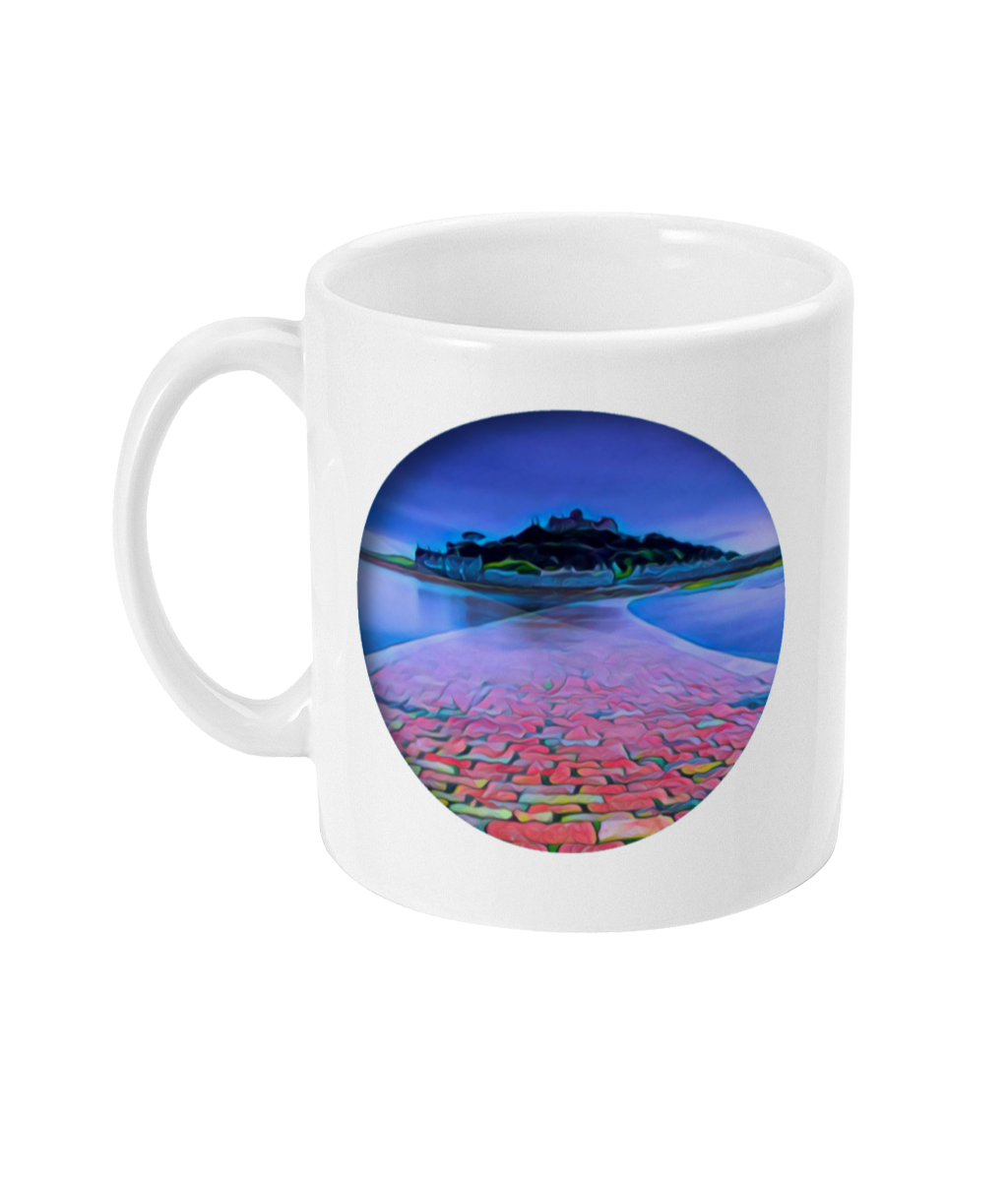 11oz White ceramic mug with a cut-out circle showing artwork which depicts St Michaels Mount in Marazion, Cornwall, UK