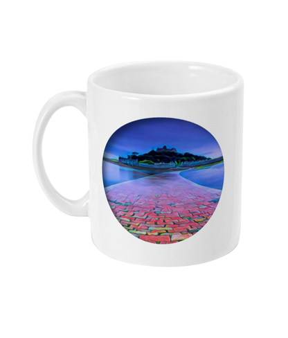 11oz White ceramic mug with a cut-out circle showing artwork which depicts St Michaels Mount in Marazion, Cornwall, UK