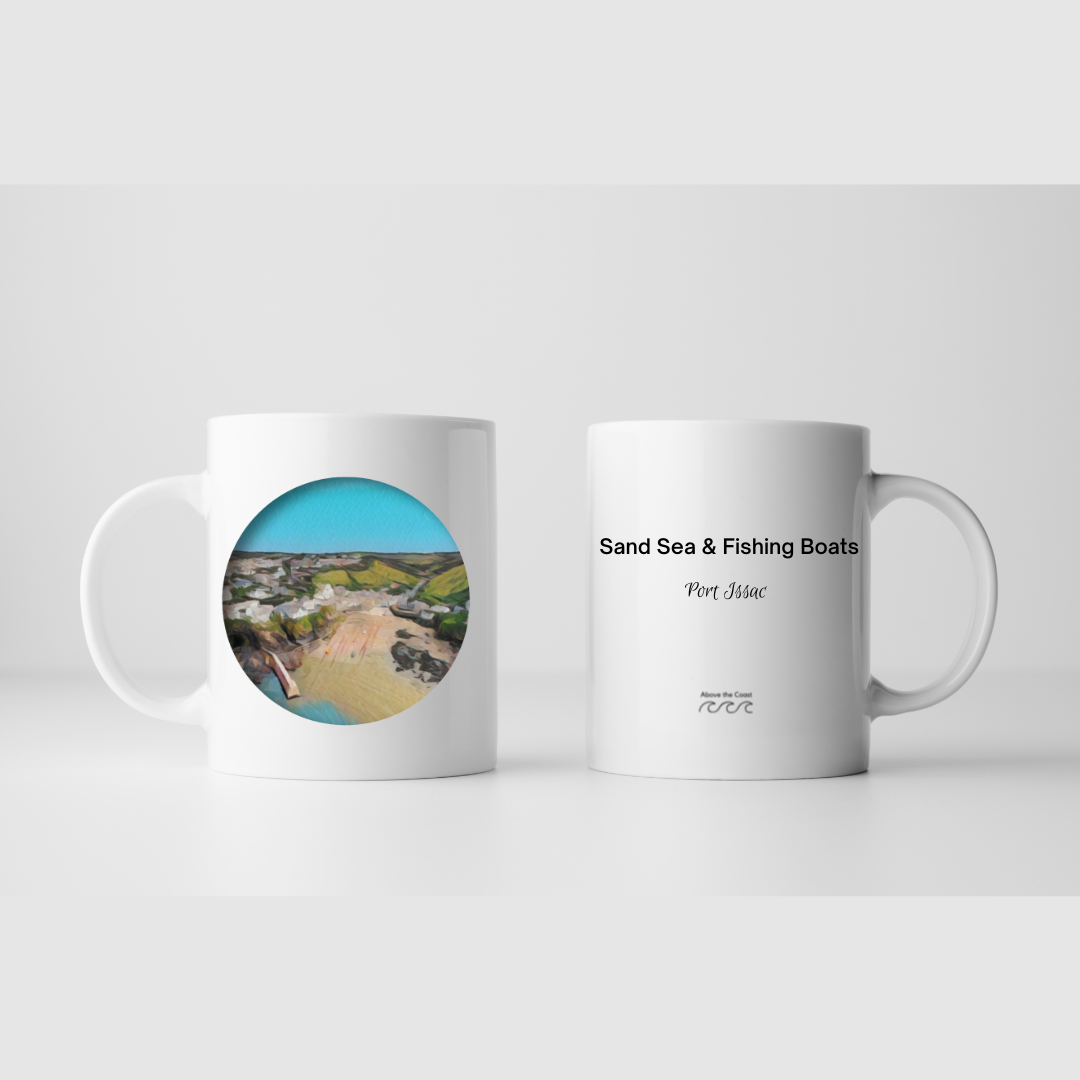 11oz  Ceramic Mug - Sand, Sea, & Fishing Boats. - Above the Coast